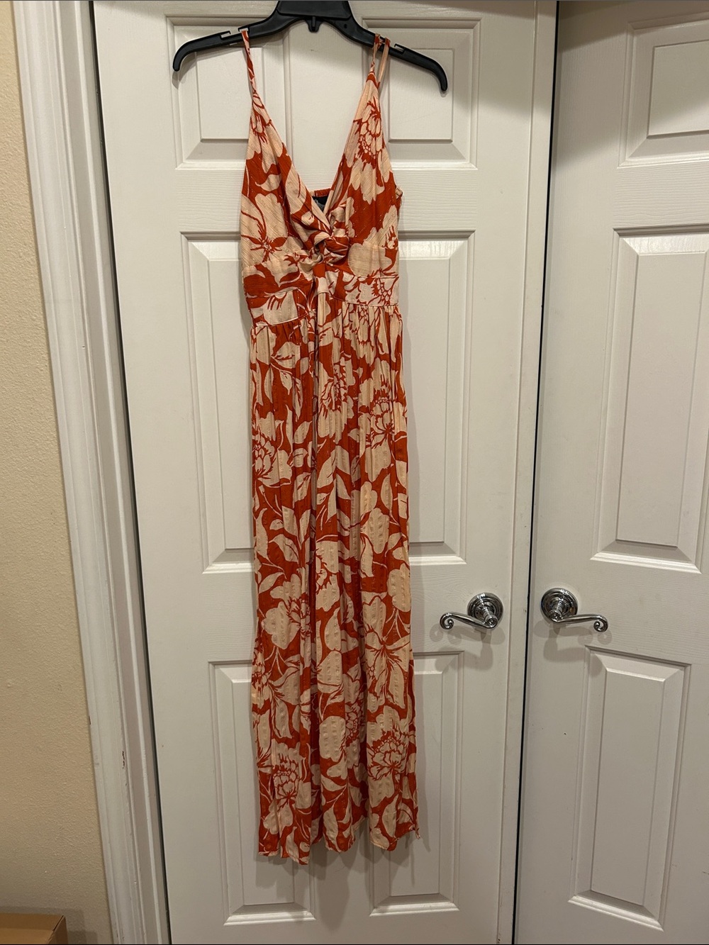 Angie Orange and Cream Tropical Floral Maxi Dress with V-Neck